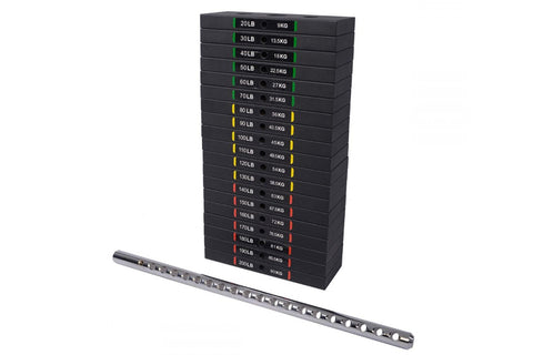Black weight stack set with 20lb to 200lb plates color-coded by weight, includes silver barbell bar on white background
