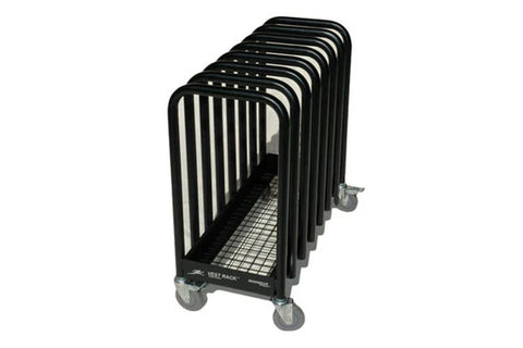 Black metal weight vest rack with vertical slat design and wheels, shown from angle on white background