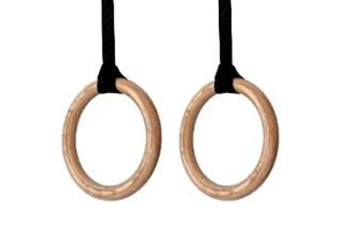 Pair of wooden gym rings with black straps on white background