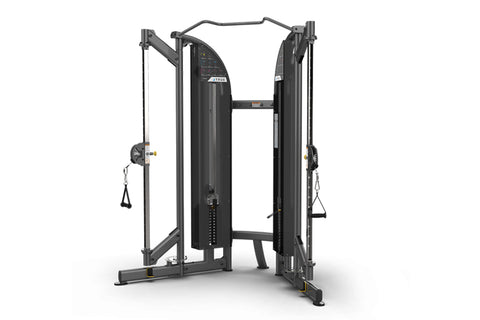 Black functional trainer cable machine with dual adjustable pulleys and weight stack on white background