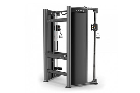 Black and gray TRUE XFT-900 functional trainer with dual cable stations and weight stack, displayed on white background