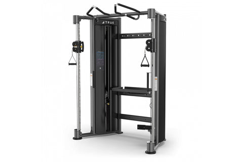 Black and gray TRUE XFT-900 functional trainer with dual cable stations and weight stack, displayed on white background