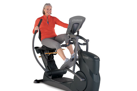 Black Octane XR650 recumbent elliptical with padded seat, handles, and digital display on white background
