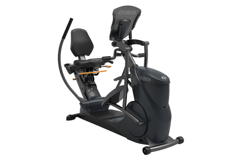 Black Octane XR650 recumbent elliptical with padded seat, handles, and digital display on white background