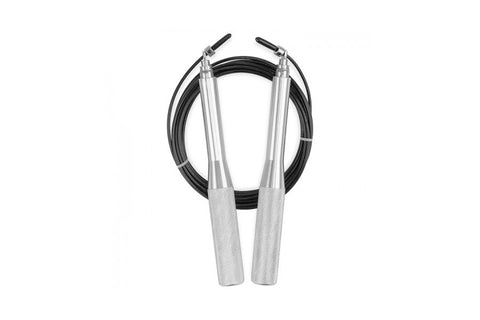 Xtreme Monkey Aluminum Cable Speed Rope with black cable, silver aluminum handles, and textured white grip, on white backgrou