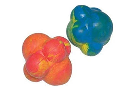 Two textured reflex balls on white background, one red and orange with raised bumps, one blue and green with yellow accents