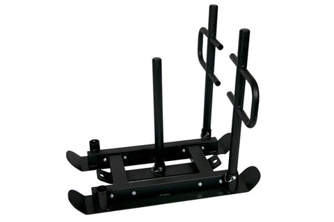 Black metal push-pull sled with curved handles and foot plates, shown against white background