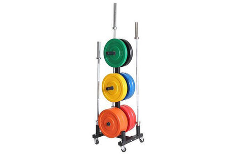 Warrior Bar Holder & Bumper Plate Tree with green, yellow, blue, and red weight plates on vertical chrome poles and black bas