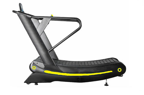 Black curved treadmill with yellow trim, dual handles, and digital display console on white background