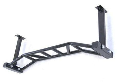 Black steel ceiling-mounted pull-up bar with multiple grip positions and adjustable mounting hardware on white background