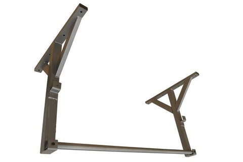 Warrior ceiling mounted chin up bar with angled left arm and triangular right support, dark metal construction on white backg