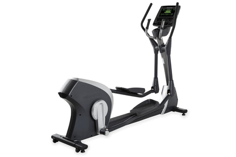 Black and gray elliptical machine with digital console display and dual handlebars, shown at angle on white background