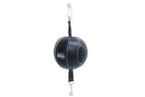 Black leather double end speed ball with white cord attachment on white background