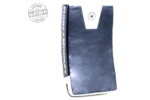 Black leather kick shield with yellow handles, Fight Monkey logo, and stitched details on white background