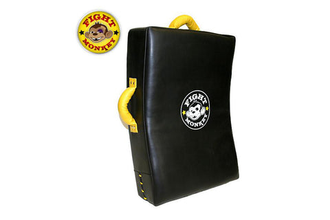 Black leather kick shield with yellow handles, Fight Monkey logo, and stitched details on white background