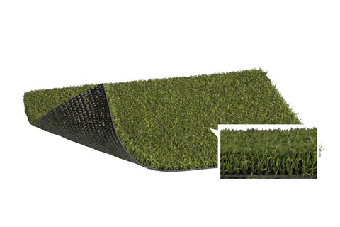 Warrior Firm Turf artificial grass roll showing green textured surface with black drainage backing, flat lay on white backgro
