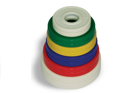 Stacked fractional weight plates in cream, red, blue, yellow, and green with center hole, on white background