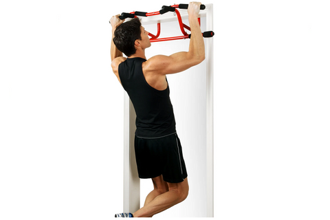 Red and black metal pull-up bar station with horizontal chin-up bar, foam grips, and leg raise handles on white background