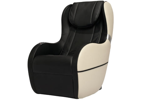 Black and beige faux leather massage chair with padded headrest and armrests on white background