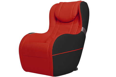 Red and black upholstered massage chair with padded headrest and armrests on white background