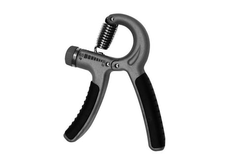 Warrior Adjustable Hand Grip with gray metal frame, black rubber handles, and adjustable screw mechanism on white background