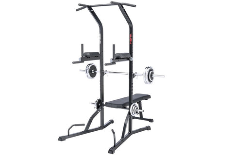 Black steel power tower with dual pull-up bars, dip handles, weight plate pegs, and padded seat, on white background