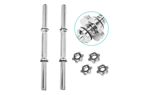 Warrior Hex Bolt Chrome Dumbbell Handles, pair of silver metal adjustable weight bars with threaded ends and hex collars, sho