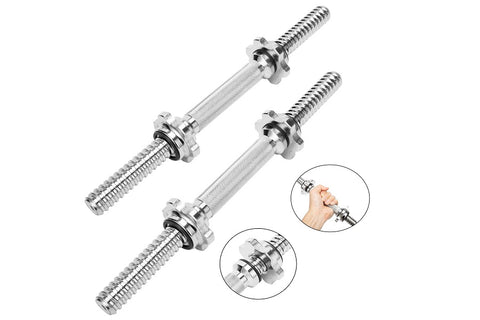 Warrior Hex Bolt Chrome Dumbbell Handles, pair of silver metal adjustable weight bars with threaded ends and hex collars, sho