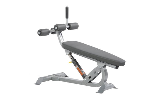 Hoist adjustable ab bench with gray padded seat, silver metal frame, and black handles on white background
