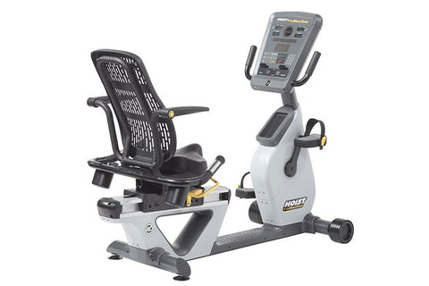 Hoist Lemond Series RC recumbent exercise bike with white and black frame, digital display console, and perforated mesh backr