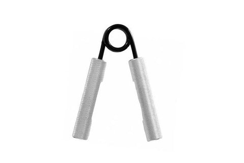 Hand grip strengthener with black handles and silver mesh-textured foam grips on white background