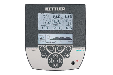 White and black stationary exercise bike with red accents, adjustable handlebars, and digital display, shown on white backgro