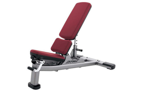 Life Fitness Signature Series adjustable weight bench with black padded seat and backrest, gray steel frame, and leg extensio