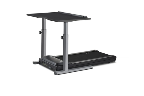 LifeSpan TR1000-Classic treadmill desk with black surface, gray metal frame and dual adjustable legs on white background