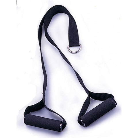 Black fabric resistance exercise strap with padded handles and metal D-ring attachment on white background