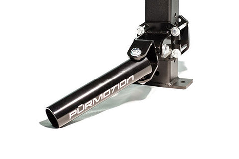 Black Purmotion mountable suspension component with metal bracket and white indicator lights on white background