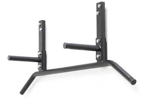Black steel joist-mounted pull-up bar with dual vertical uprights, horizontal bars, and adjustable safeties on white backgrou