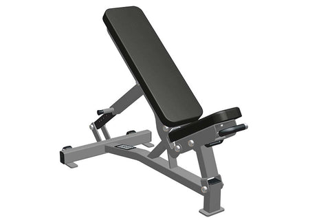 Gray and black adjustable weight bench with padded seat and backrest on white background