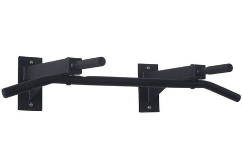 Black wall-mounted chin-up bar with dual grip handles and metal mounting brackets on white background