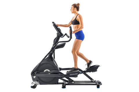 Black and gray elliptical exercise machine with dual handles, digital console, and blue accent trim on white background