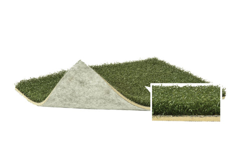 Warrior Workout Turf, rolled artificial grass with green synthetic blades and beige backing, shown side view and close-up det