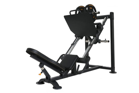 Black and bronze leg press machine with adjustable seat, weight plate pegs, and foot platform on white background
