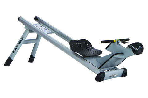 Woman using gray and black Total Gym Row Trainer exercise machine, wearing gray tank top and blue shorts, on white background