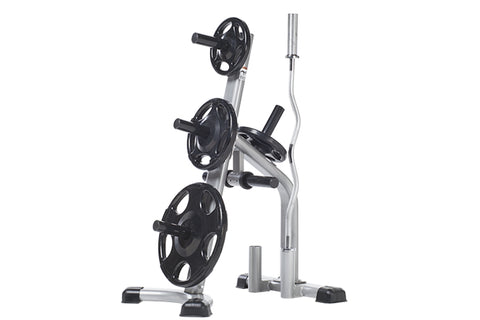 TuffStuff Olympic plate tree and bar holder with three black weight plates in yellow, blue, and red collars on gray metal sta