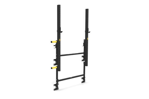 Black steel wall-mounted squat rack with yellow safety pins and dual horizontal arms, shown on white background