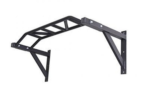 Black steel wall-mounted chin up bar with multi-grip handles and angled support brackets, shown on white background