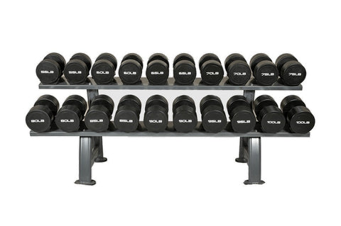 Two-tier metal dumbbell rack holding twenty black urethane dumbbells with white weight labels, on white background