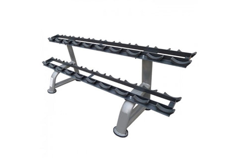 Two-tier black and gray dumbbell rack with saddle-style holders, shown on white background