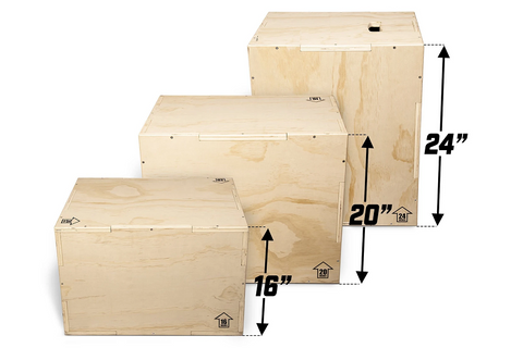 Three stacked natural wood plyo boxes with heights of 16 inches, 20 inches, and 24 inches, showing dimensions and metal corne