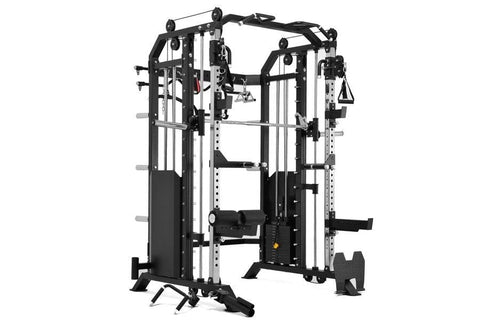 Warrior 801 Pro black and tan multi-functional home gym with cable pulleys, smith machine, and mirror, displayed in modern fi